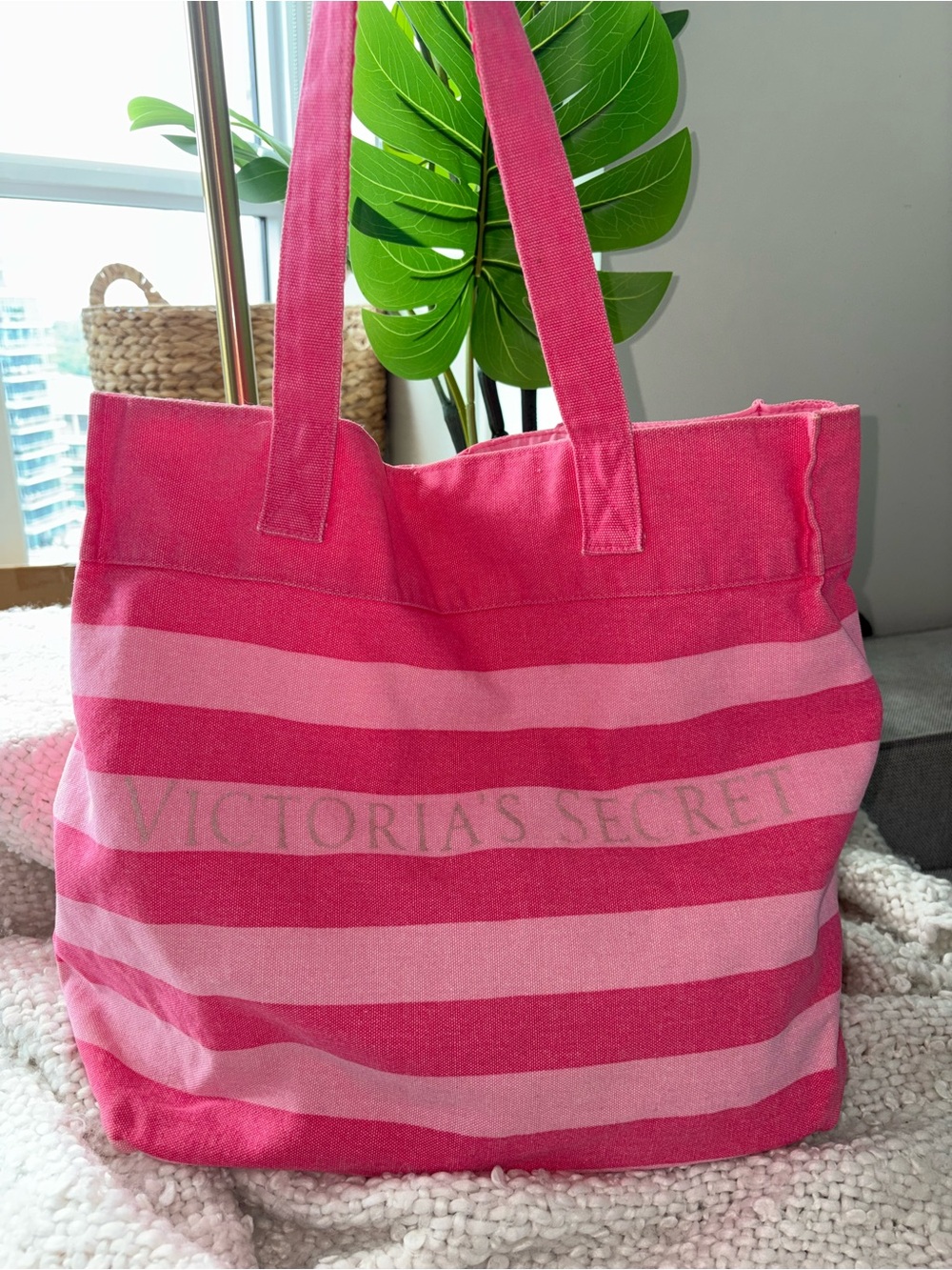 Victoria’s Secret Pink Stripe Canvas Tote Y2K Vintage Large Beach Weekender Bag